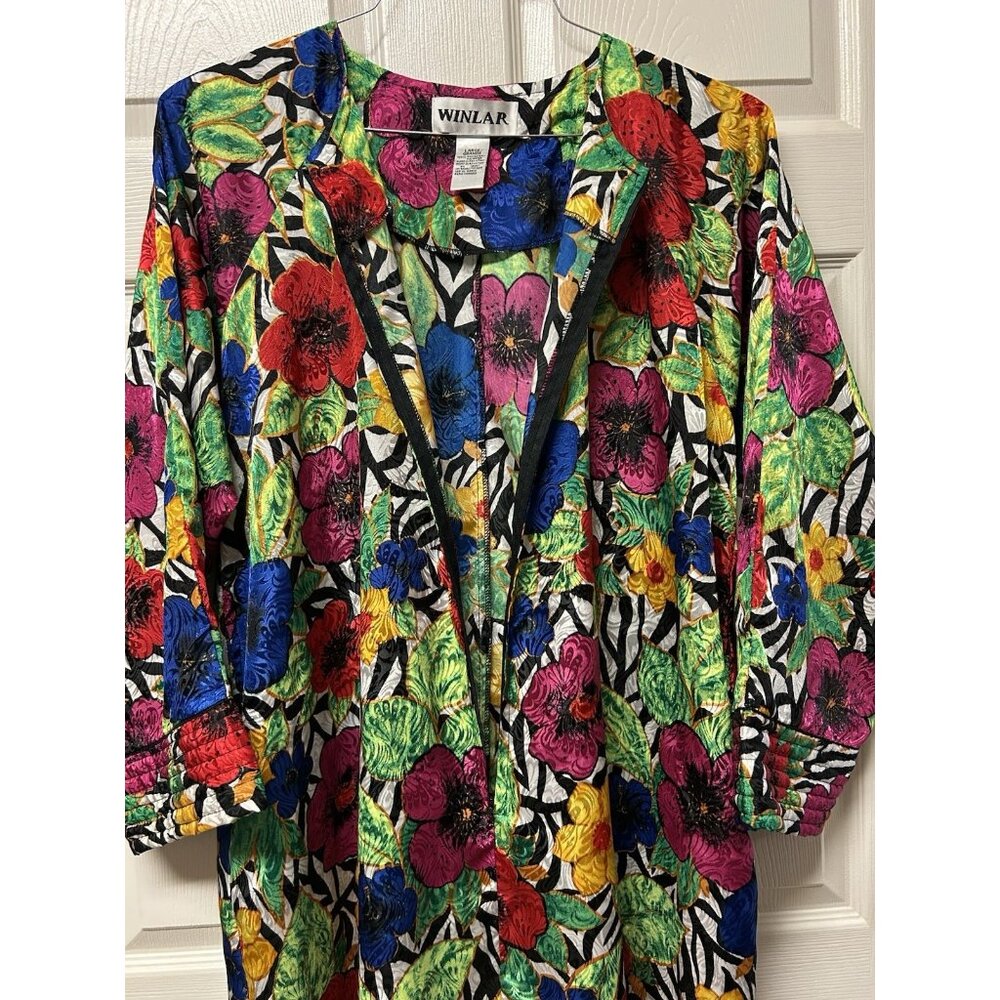 Winlair Sz L MUUMUU Bright Multicolor Neon Maxi Dress Caftan w/ Pockets 1/4 Zip - Picture 5 of 6